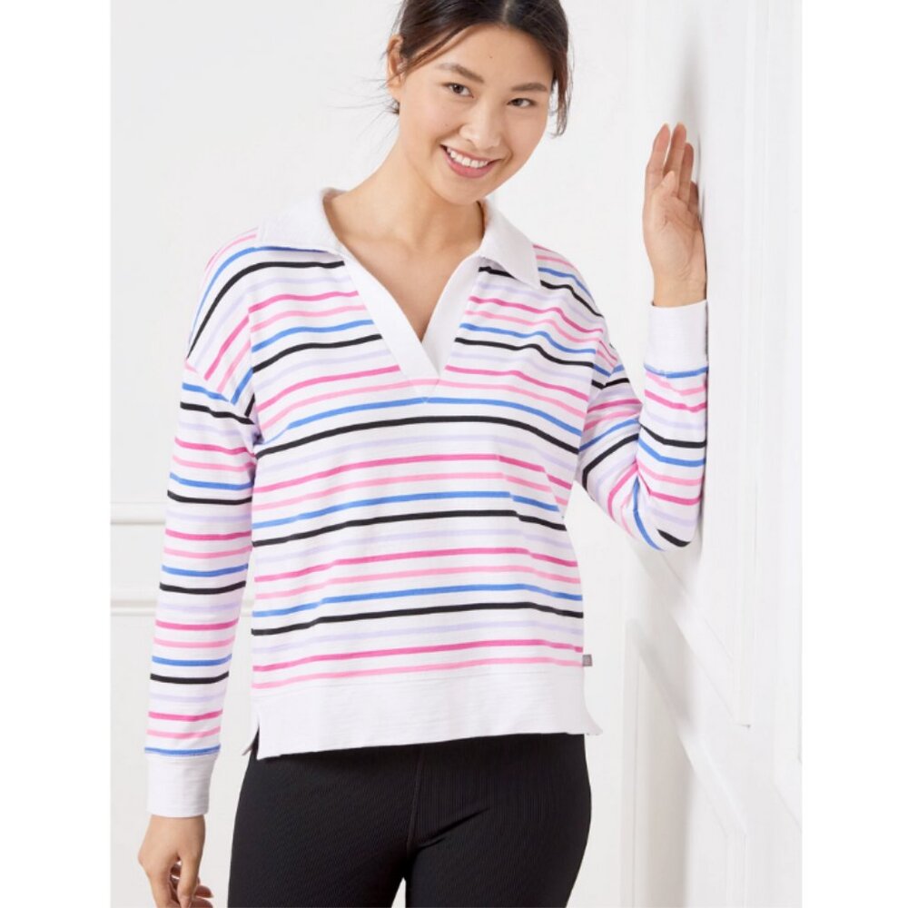 T BY TALBOTS Cozy Crush Johnny Collar Pullover Game Stripe UPF+ Size 2X